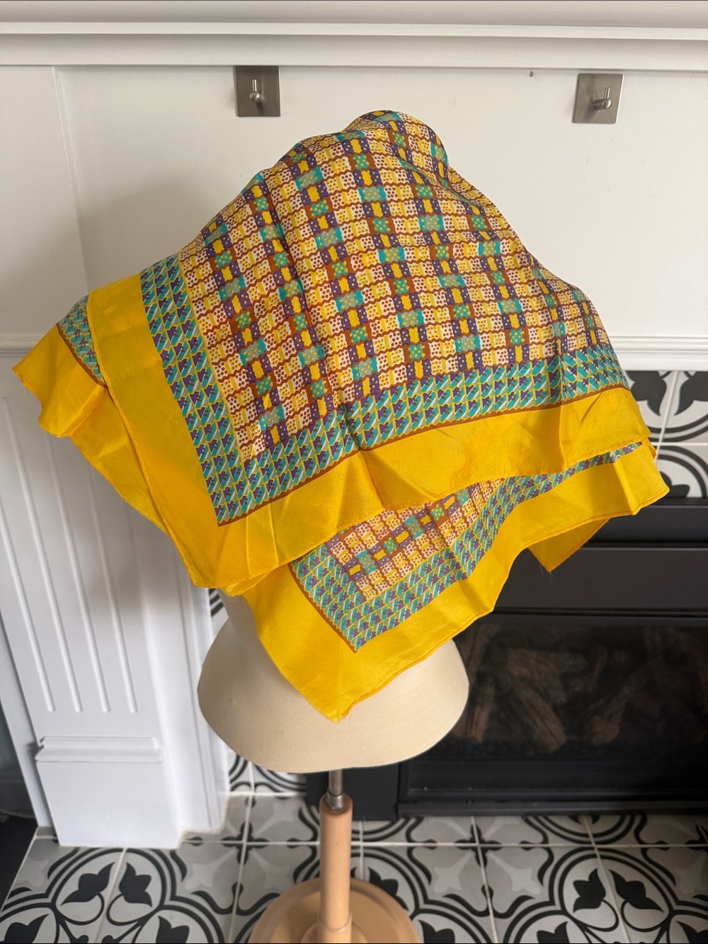 Yellow Printed Silk Scarf - Vibrant Geometric Pattern